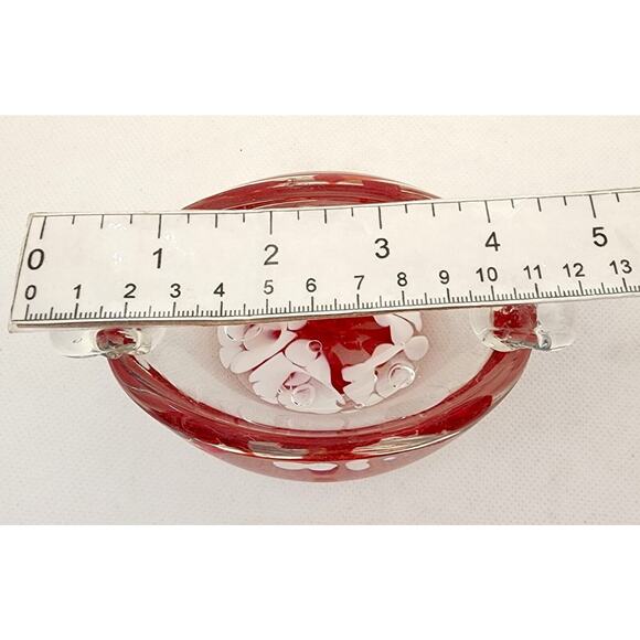 ASHTRAY-VINTAGE-BLOWN GLASS-Clear-White Flowers-Red Accent-Small-MCM - Picture 14 of 15